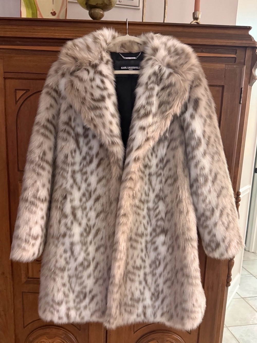 Karl Lagerfeld Cream and Light Brown Leopard-Print Faux Fur Jacket